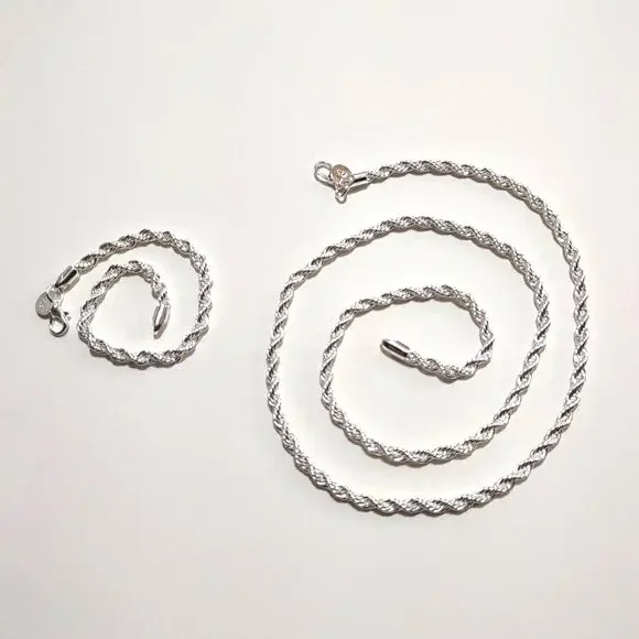 S925 Silver Plated Rope Necklace Bracelet Jewelry Set Christmas Birthday Gift!